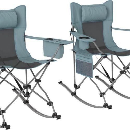 Folding Rocking Chair, Portable Outdoor Rocking Chair with Headrest, Insulated Bag, Cup Holder, Storage Bag
